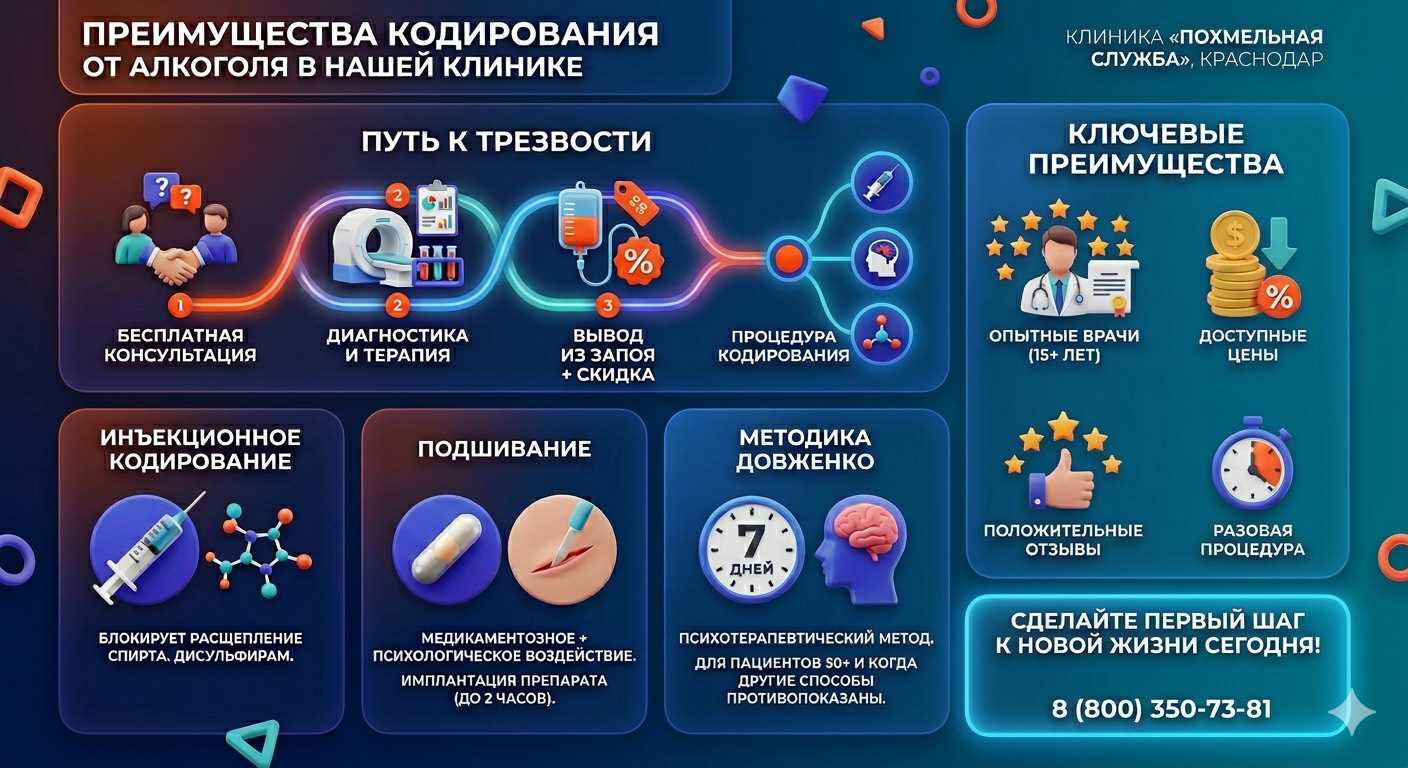 Инфографика о методах кодирования от алкоголя в Мичуринске: инъекции, подшивание, метод Довженко. Преимущества клиники и этапы лечения.